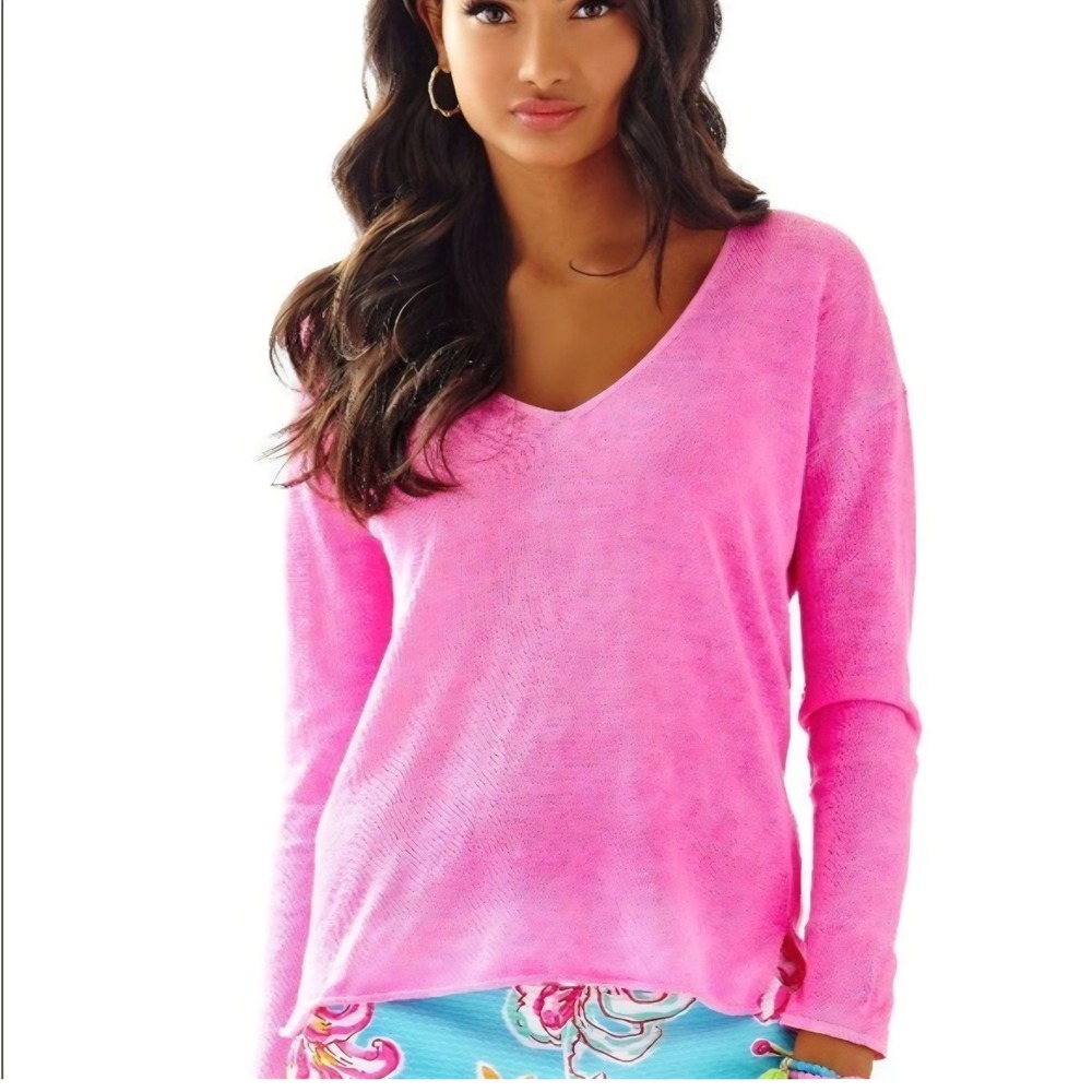 Lilly Pulitzer Womens Taryn Sweater Long Sleeve V-Neck Slub Knit Top Pink Linen